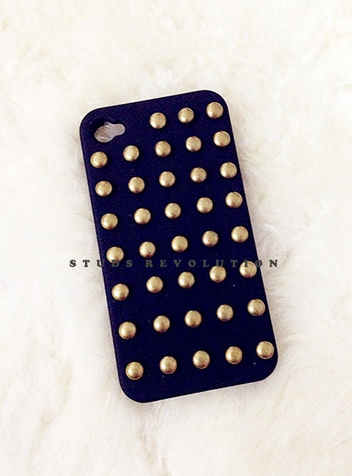 Studded hard matte black  hot pink iPhone 4/4S case with bronze cone studs ready to ship in next business day :)