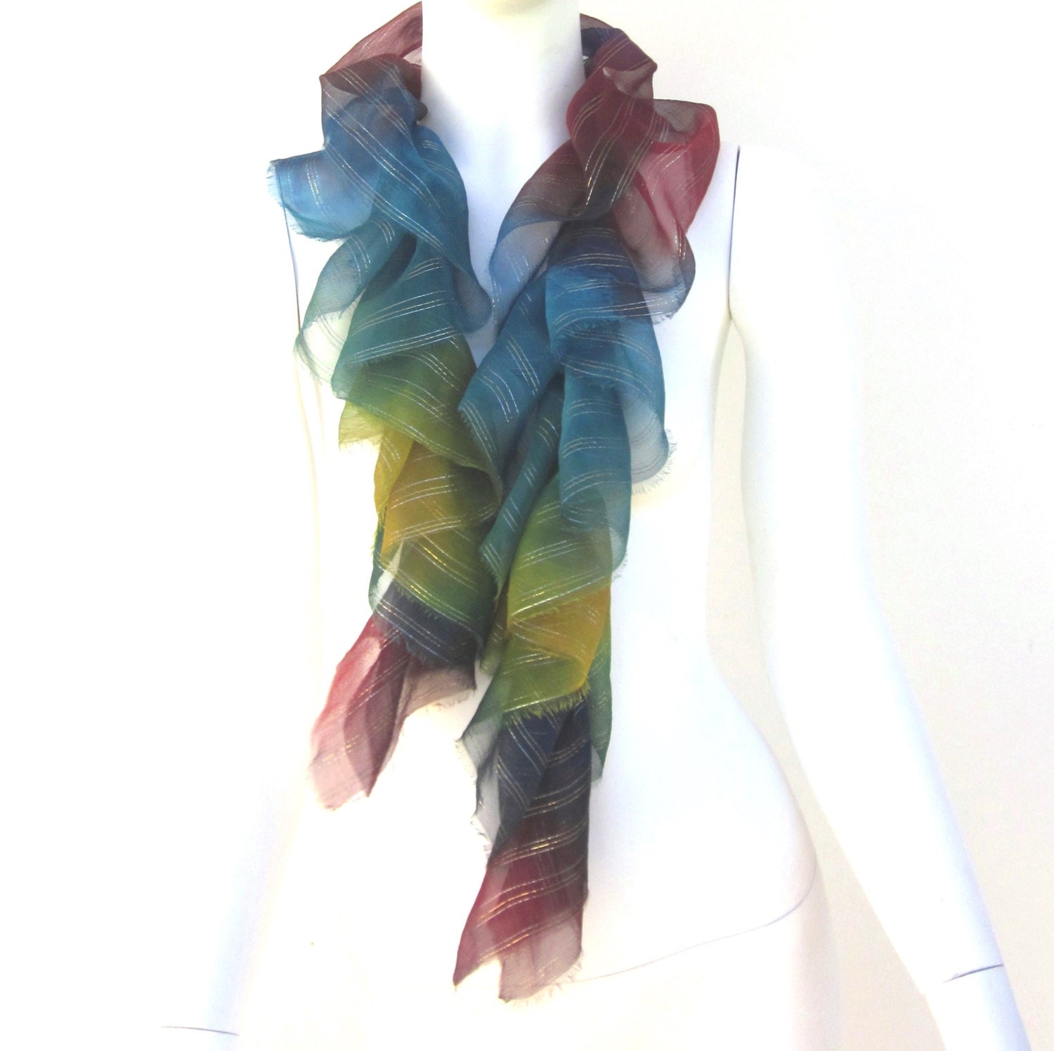 Silk Ruffle Scarf in Jewel Colours Embellished with Silver and Gold Threads Hand Dyed