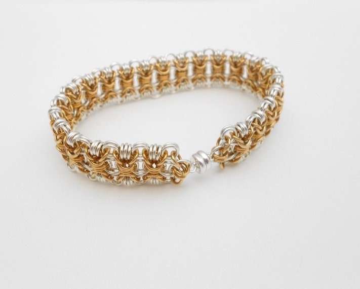 Gold and Silver Chainmaille Bracelet, Mixed Metal, Silver and Bronze, Chainmail, Cuff Bracelet