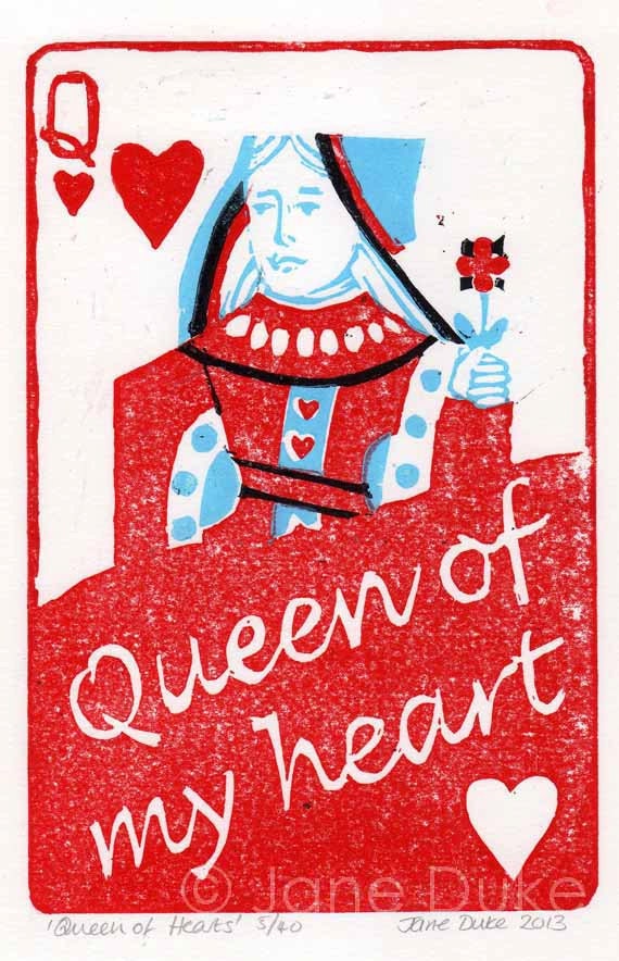 Queen of Hearts Lino Print unframed playing card image