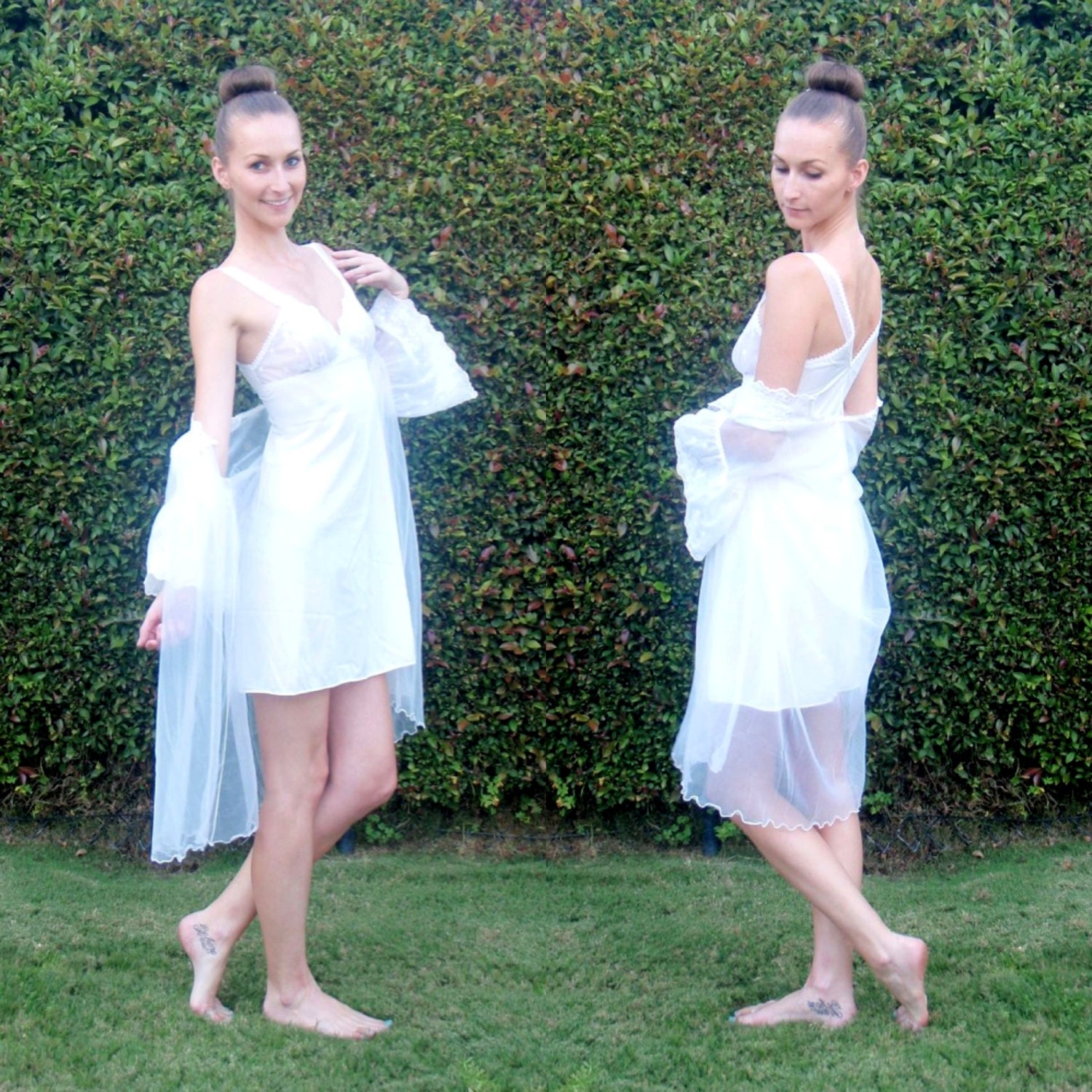 Adorable white lingerie short slip with sheer lace bust with sheer bell sleeve cover