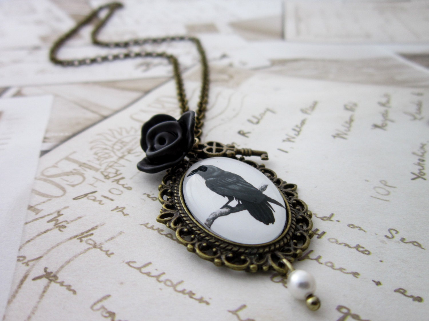 Raven Rose Necklace - Steampunk Gothic Victorian Black Cabochon Pendant