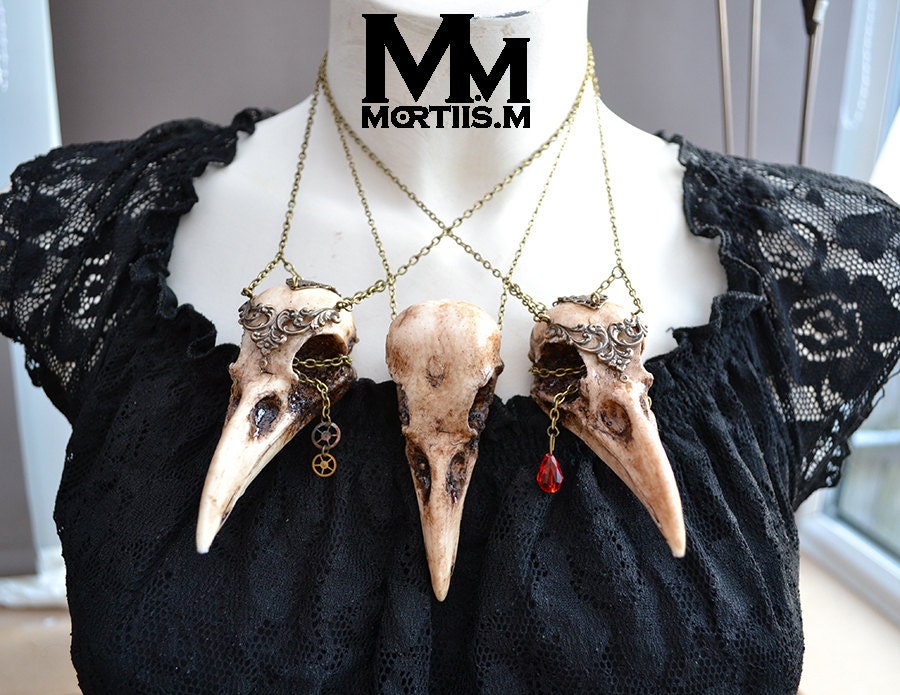 WarriorCrow crow skull necklace pendant with Steampunk cogs or ruby crystal Mortiis.M