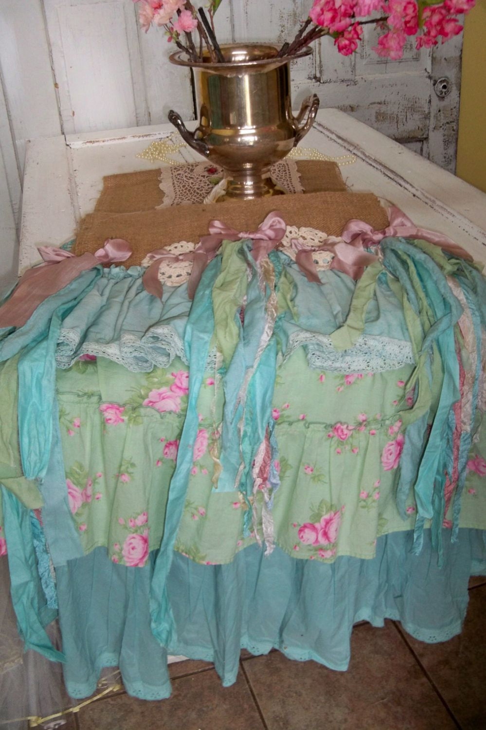 Hand made ooak Runner burlap shabby chic robins egg blue, pink, aqua cottage home decor anita spero