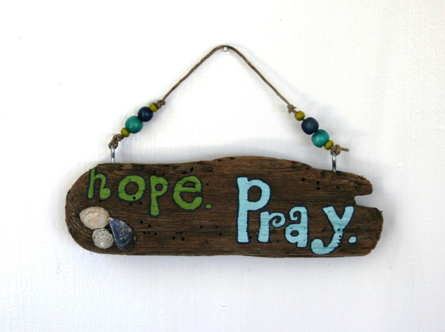 HOPE PRAY Driftwood Art in natural colors with shells
