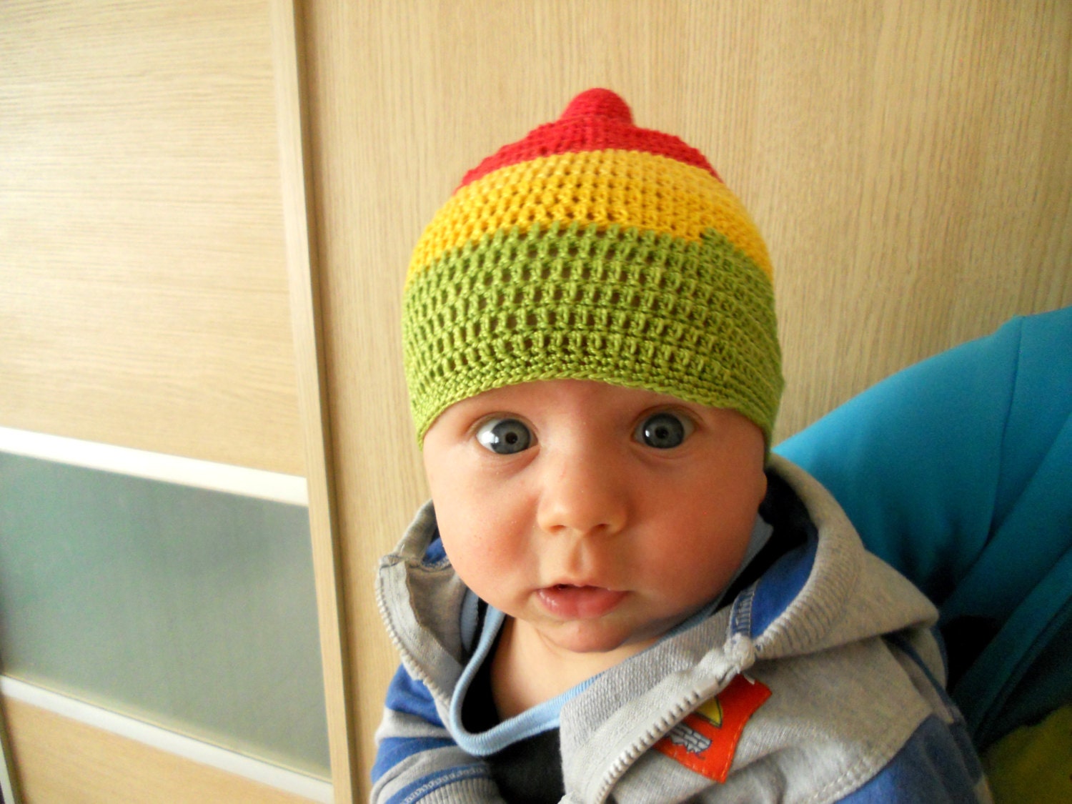Crochet summer hat for baby Colorful bright hat Red Yellow green striped hat Unisex baby hat Baby shower gift
