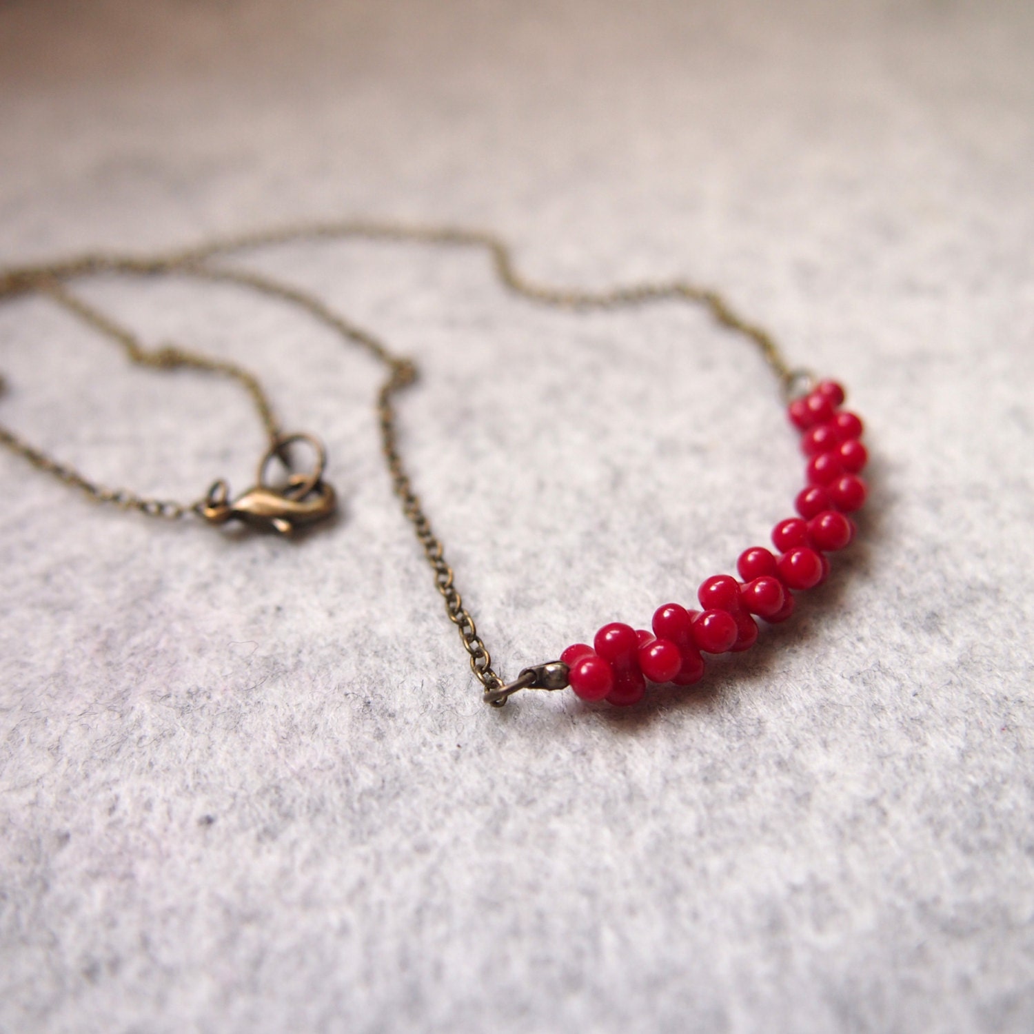Red Coral beads necklace antique brass chain