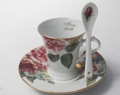 Fine Porcelain ADELINE Floral Teacup Saucer and Spoon Set in Original Box - "Have Faith"  Inspirational Gift