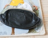 Black Leather Vintage French Coin Purse With Zippered pocket and metal clasp - Vintage Weddings, Collectible