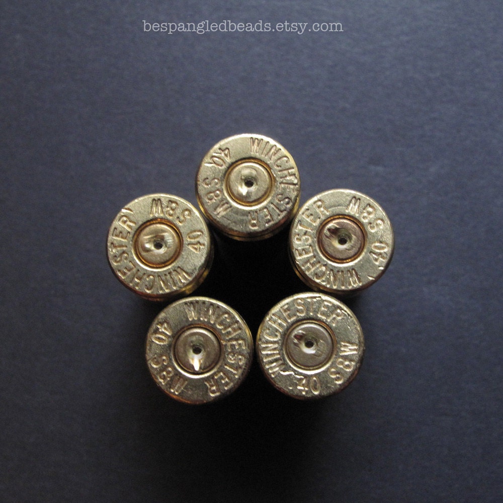 Spent .40 Caliber Brass Empty Bullet Shell Casings, Pre-Drilled for Pendants or Bullet Jewelry, Steampunk / Military (Set of 5) long drilled