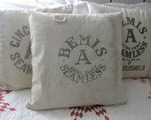 Feed Sack Pillow, Bemis Seamless Grain Sack Pillow with Original Patch, Blue and Tan Stripes