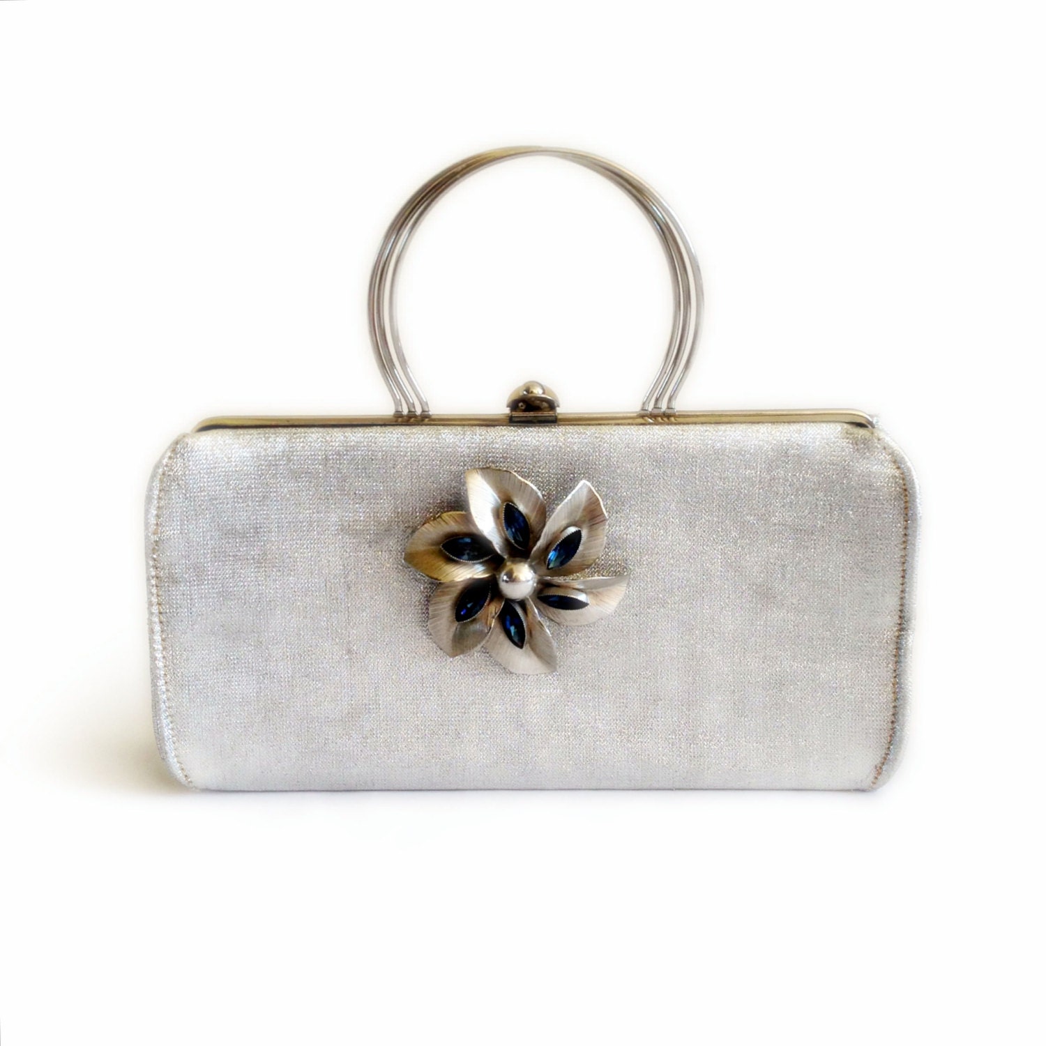 R E T R O......Mad Men Chic Silver Evening Bag by RULO with a Large Silver Rhinestone Brooch with Blue Marquis