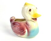 Duck Planter for Nursery Decor - Painted Ceramic in Blue, Pink & Yellow - Vintage Home or Bathroom Decor