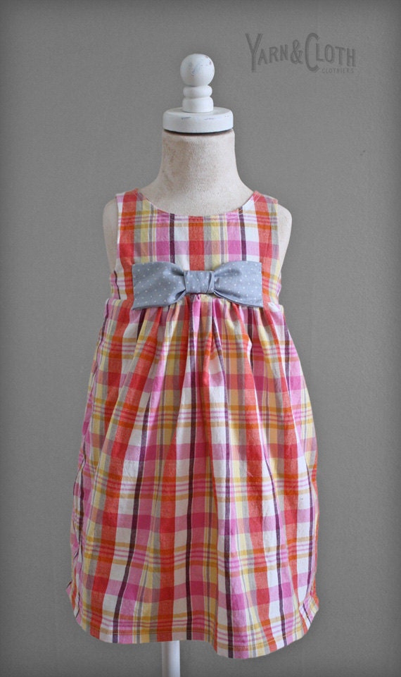 Girls, Toddlers, Babies, Spring Dress with Bow -Pink, Orange and Grey Plaid