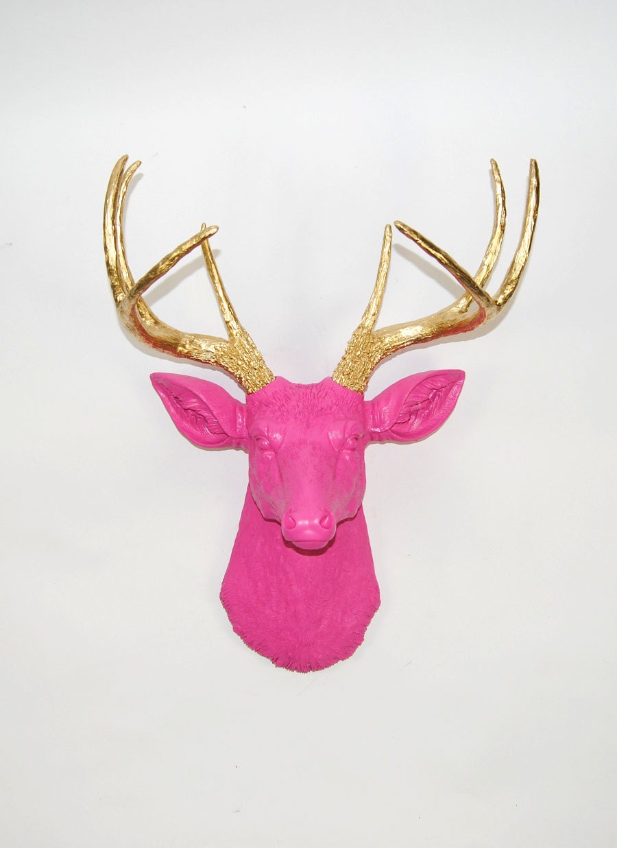 Faux Deer Mount - The Naomi - Pink Resin Deer Head w/Gold Antlers- Stag Resin Pink Faux Taxidermy- Chic & Trendy