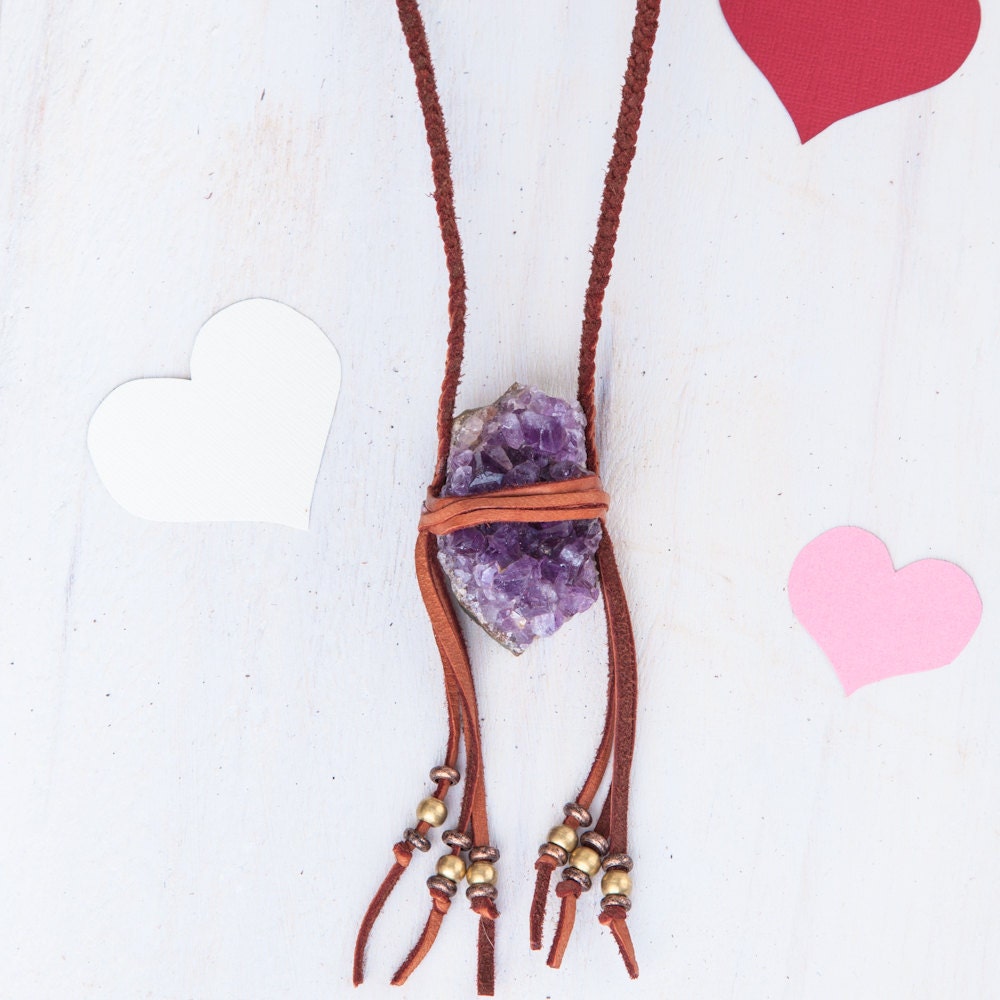 Amethyst Cluster Necklace - Leather Fringe Necklace -  Valentines Jewelry