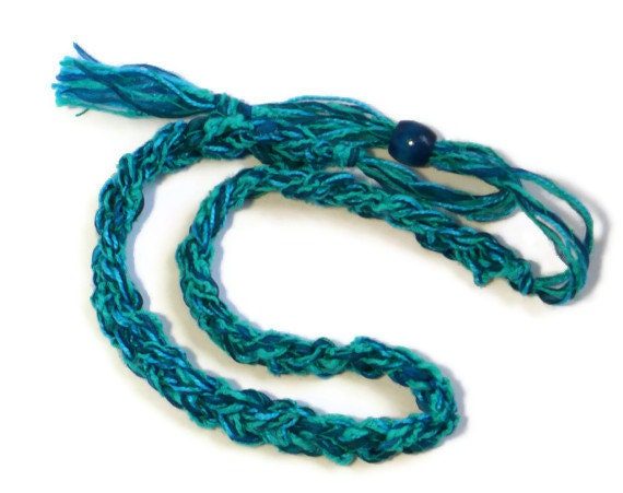 Cotton Silk RIbbon Necklace,Crocheted Necklace, Fiber Jewelry, Teal Necklace