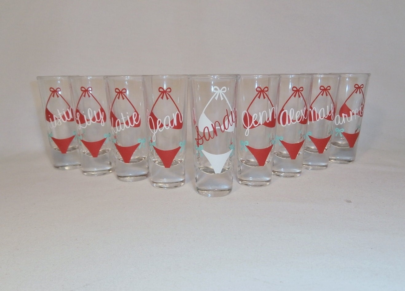 4 Personalized Bride and Bridesmaid Bikini Shot Glasses, Wedding Party and Bachelorette Glasses