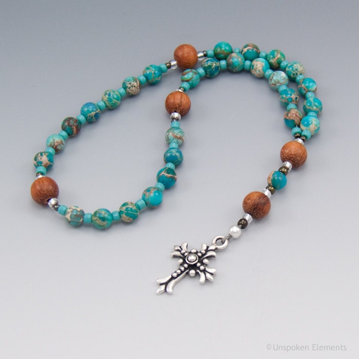 Christian Rosary, Turquoise Blue Magnesite Gemstones, Natural Wood, Anglican Prayer Beads