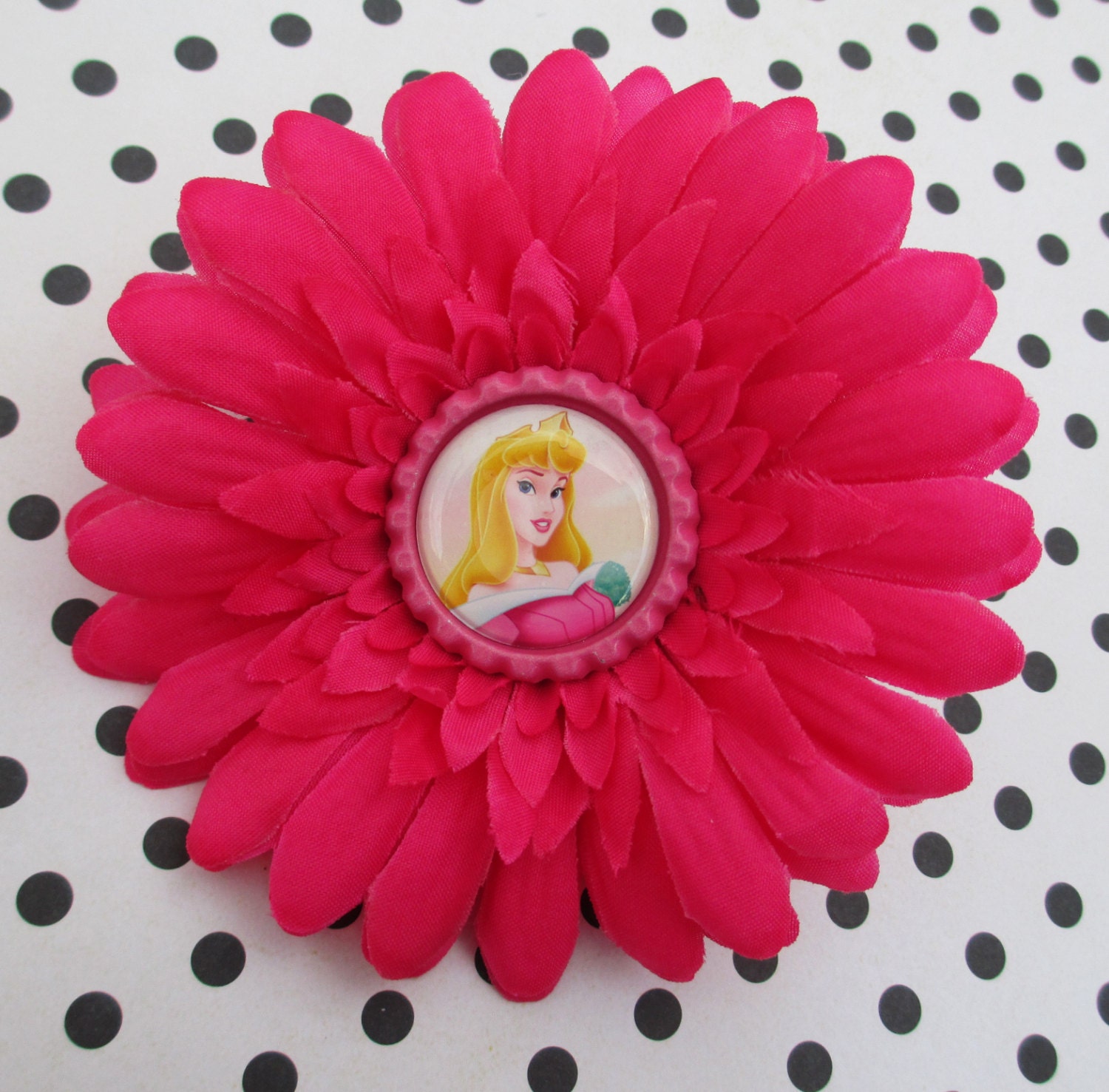 Aurora hair bow Disney hair clip hot pink Princess flower bottle cap boutique kawaii girls cute summer vacation