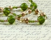 Olive Green Matte Gold Beaded Necklace - Handmade India Glass Beads Lime Czech Glass Fashion Jewelry  Antique Toggle Clasp Free Shipping