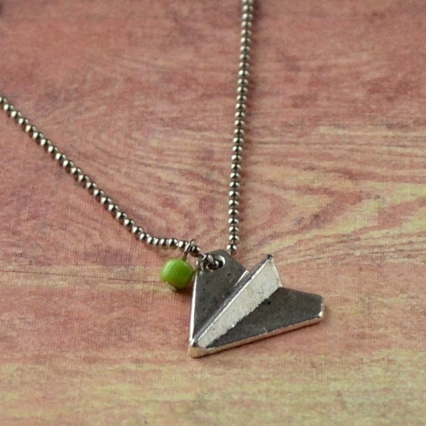 Boho Paper Airplane 3D Necklace Antique Silver Nostalgia Bohemian Accent Bead Pendant Hippie Fun Fashion Jewelry Ball Chain Free Shipping