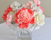 2013 wedding trends, centerpiece, Coral paper flowers, Coral peony, pastel coral sweetpea, white tulips, white hydrangea