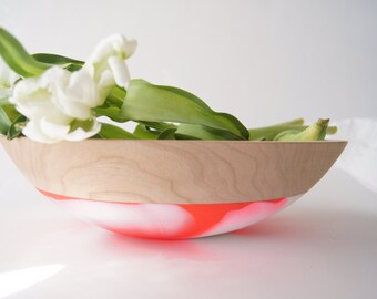 Wooden Bowl 12", NeonOrange and White Swirl, Entertaining Fruit Bowl, CHERRY WOOD
