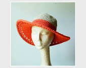 americana derby hat. organic hemp and eco cotton color tangerine. lace detailing in large wire brim. one size fits most. handmade millinery