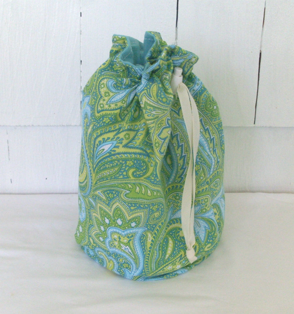 Drawstring Knitting Project Bag - small project bag - Green Paisley print