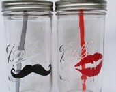 MUSTACHE and LIPS Mr. and Mrs. Mason Jar Drink with Reusable BPA Free Straws 24 oz (Two)