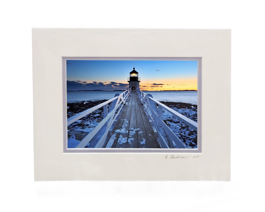 Lighthouse Sunset Wall Art  Matted Photo Print Maine Marshall Point Port Clyde Winter Snow Evening Dusk Seascape Home Decor Living Room