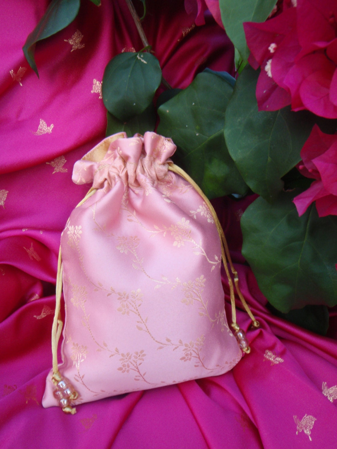 FREE SHIPPING OOAK Silky satin pink sari fabric drawstring pouch