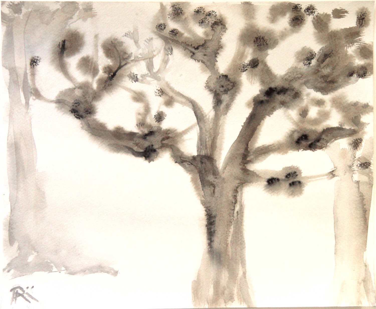Tree in mist. Original watercolor landscape. Fine art nature paiting. Soft grey and brown tones on white. 10"x12"