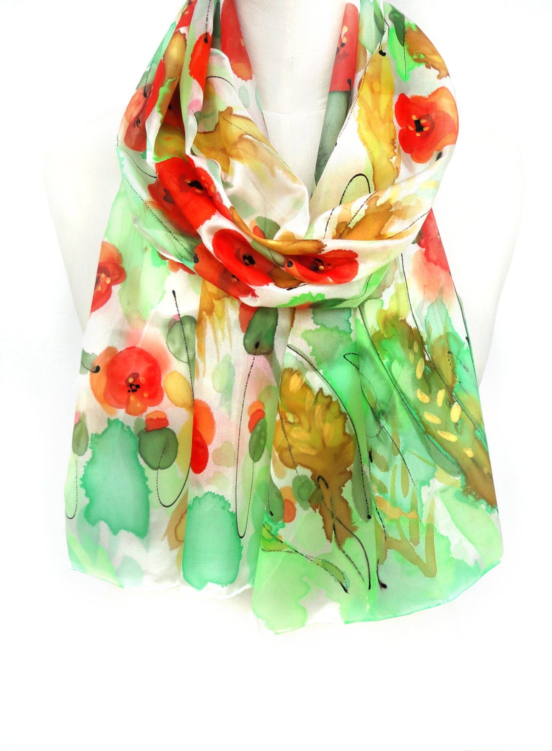 Red Poppies Scarf. Hand Painted Silk Shawl. Women Scarf. Gift for Her. Floral Green Shawl. 14x71 in. (35x180cm). Ready2Ship.