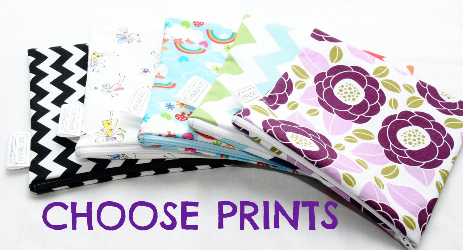 5 Sandwich Bags - Reusable - Zippered or Snap - Lunch - Girl - Boy - Adult - Mix - Choose Print - Custom - Made to Order - Assorted