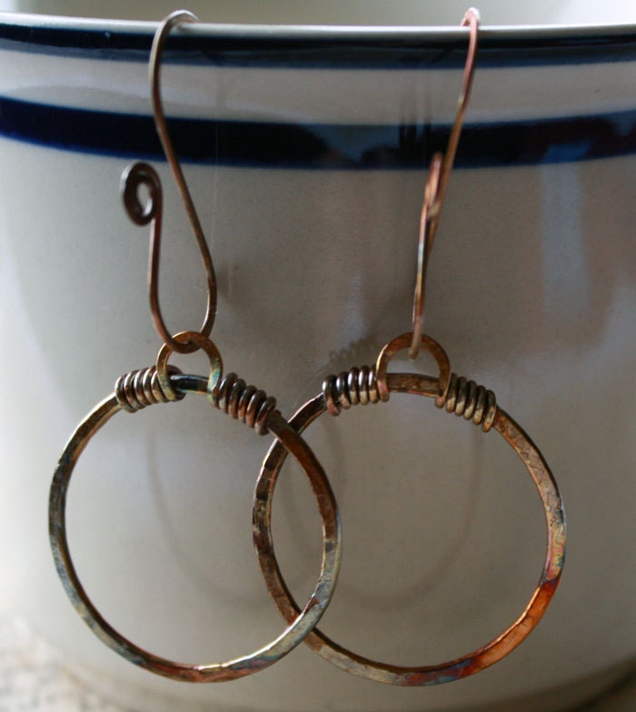 Flame Painted Copper Circle Dangle Earrings