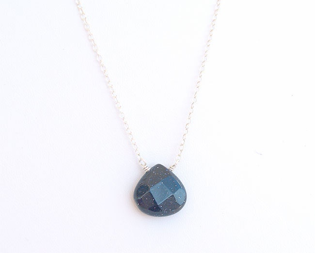 Navy Blue Necklace - Midnight Blue Goldstone Drop - Solid Sterling Silver Necklace - Modern Minimalist Jewelry - Gemstone Necklace