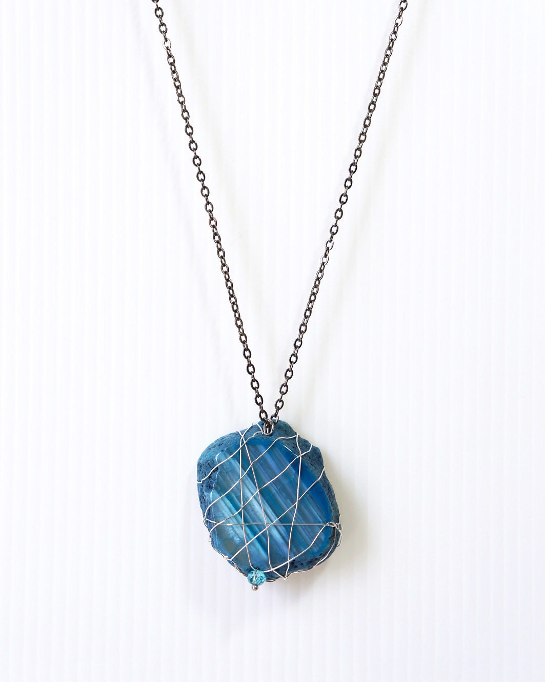 Wired True Blue Agate Gemstone Pendant Necklace, Wire Wrap Big Stone Pendant, Statement Necklace, One Of A Kind Jewelry