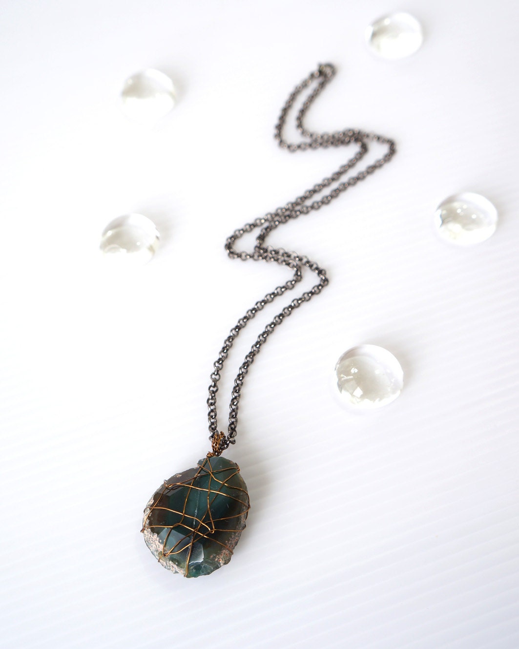 Wired Green Agate Pendant Necklace, Dark Emerald Green Stone Wire Wrapped Jewelry, One Of A Kind Gemstone, Natural Faceted Stone Jewelry