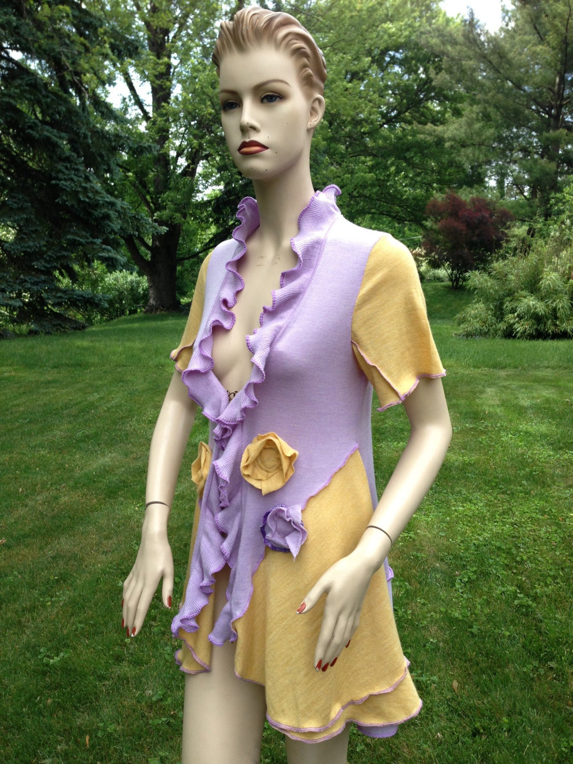 Bohemian Style Asymmetric Cardigan Handmade Jacket Pastel Purple and Yellow Color Women's Clothing Small Size