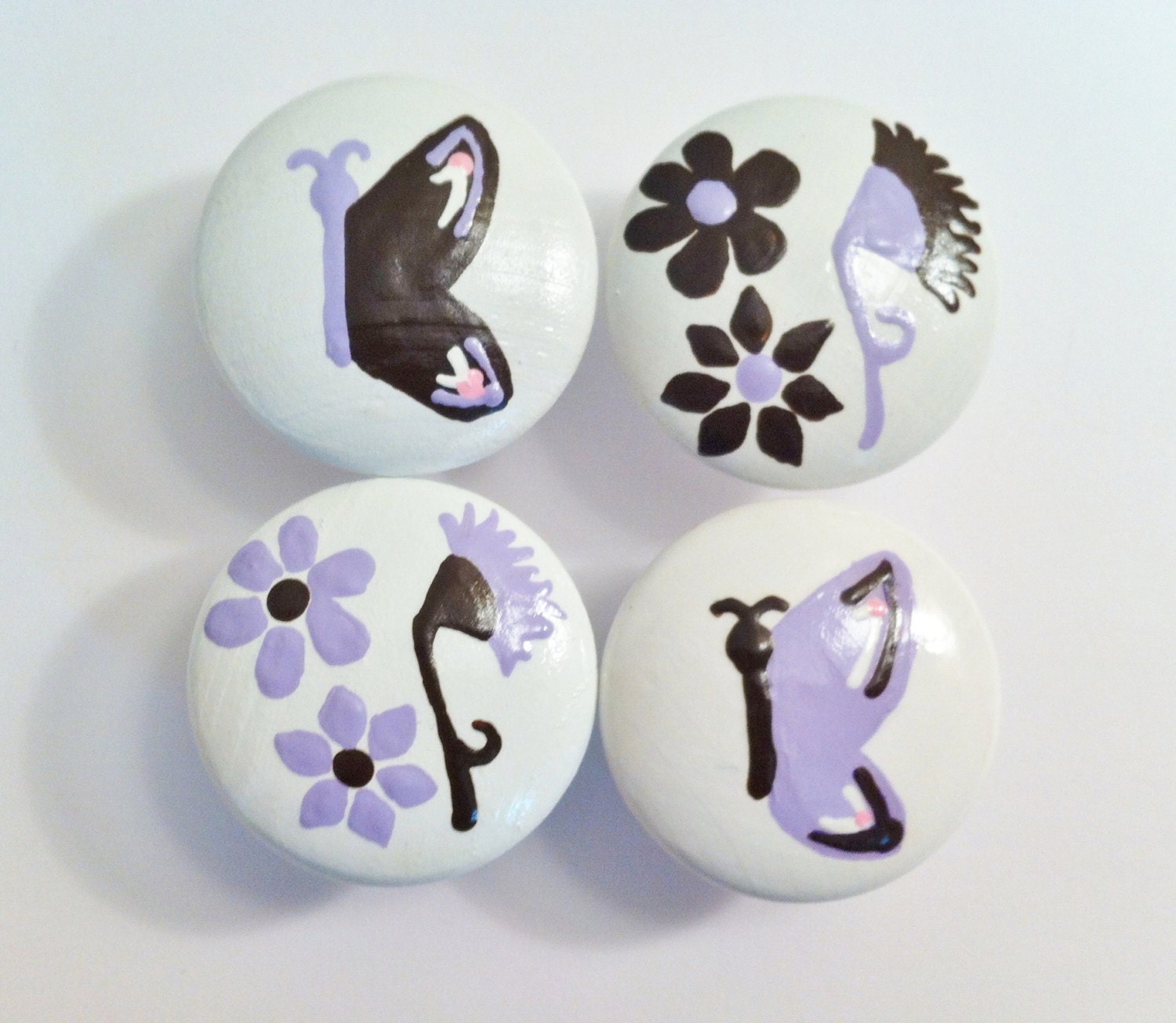 Dresser Knobs Hand Painted with Butterflies and Flowers in Lilac and Brown