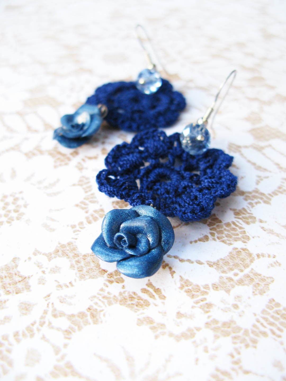 Blue - Mini Doilies Lace and Handcrafted Polymer Clay Rose Earrings with crystals - Beautifully Packaged