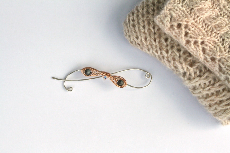 Bronze Larvikite Double-Feather Shawl Pin - Handmade in Sterling Silver and Bronze Featuring beautiful Larvikite Stones