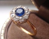 MAY payment for CARMEN. Vintage Edwardian to Art Deco Sapphire & Diamond Flower Cluster Engagement Ring. Natural Sapphire.