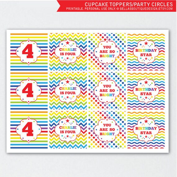Rainbow Red, Party Circles, Cupcake Toppers, Wrappers - Whimsical, Chevron, Polkadots, Stars, Stripes, Red Il_570xn
