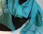 Silk Chiffon Scarf Turquoise w/ Dragonflies & Spirals in Shades of Turquoise and Teal Green Iridescent Long Lightweight  Hand Block Printed