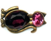 Mr Bow Tie Kitty Brooch Pink Purple Rhinestone Cat 1960s Vintage Animal Figural Pin Collectable Jewelry