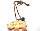 Metal Stamped HERBIVORE Copper Elephant Necklace with Acai Seed Bead, Animal-Lover Jewelry, Vegetarian Vegan