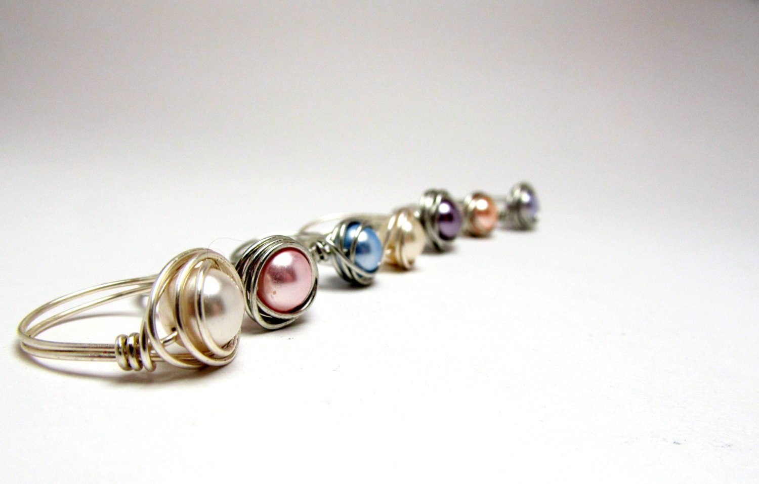 Set of 7 Sterling Silver Wire Rings, Swarovski Pearl Rings, Wire Wrapped Pearl Rings, Women's Rings, Wedding Jewelry
